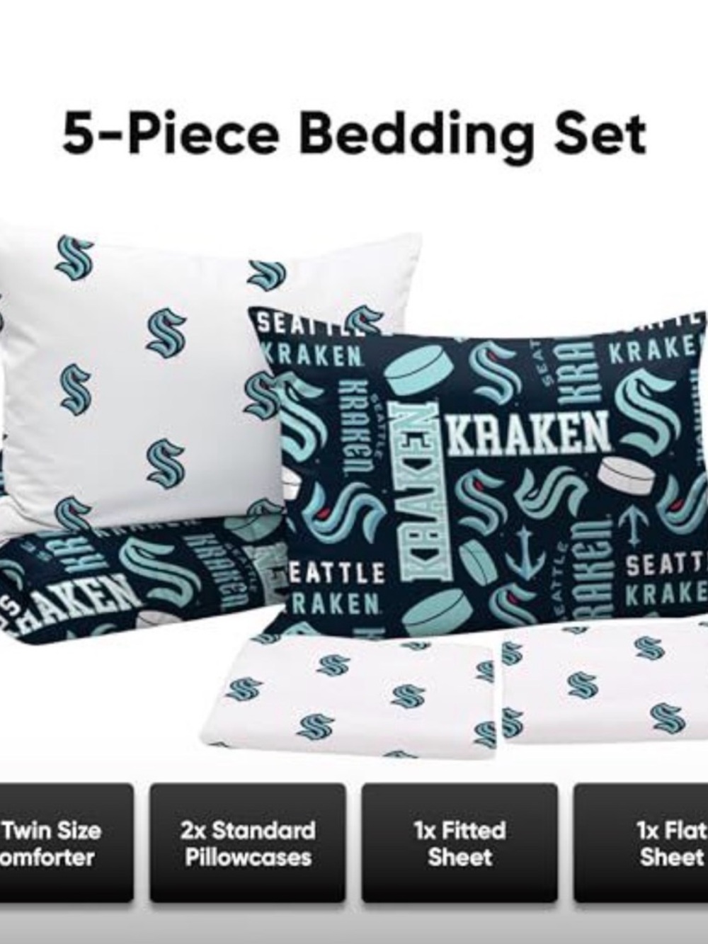 Seattle Kraken Twin Bedding Set - Navy & White